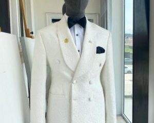 An Ivory White Square Pattern Jacquard, Shawl Lapel Tuxedo Suit